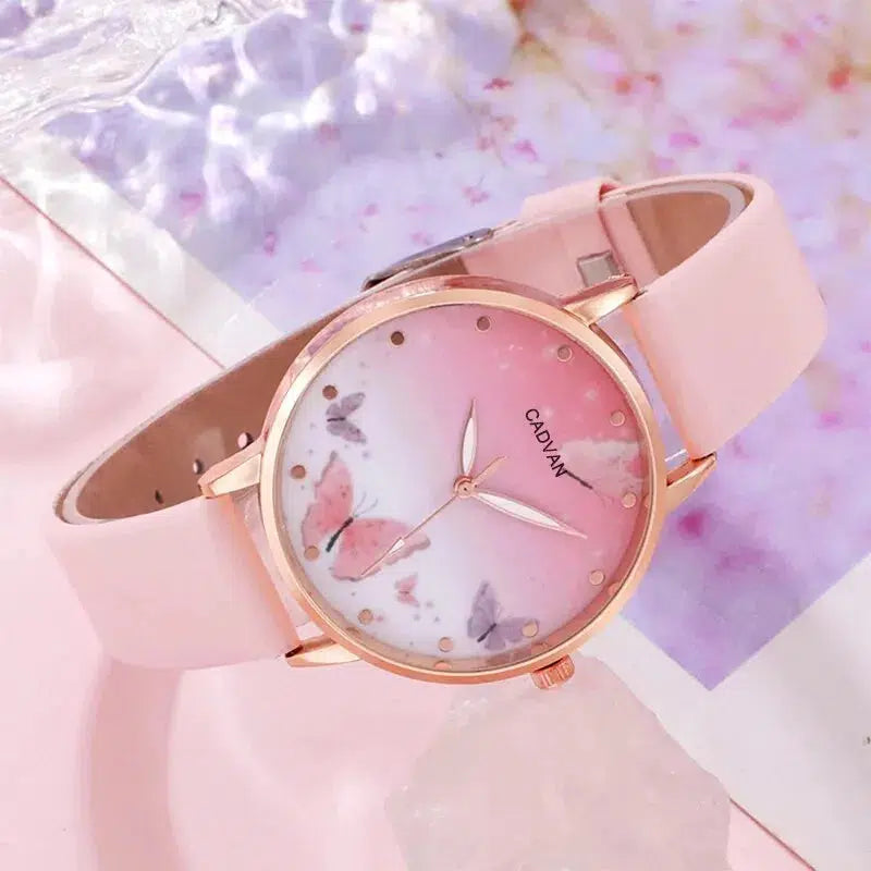 Cheky - 6PCS Set Women Fashion Quartz Watch Female Clock Pink Butterfly Dial Luxury Brand Design Ladies Leather Wrist Watch Montre Femme