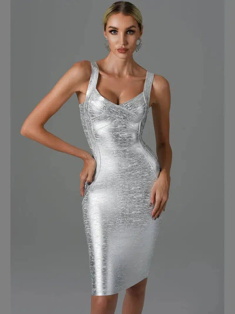 Cheky - New Women Summer Style Sexy Sleeveless Backless Gold Silver Bronzing Midi Bodycon Bandage Dress Elegant Evening Party Dress