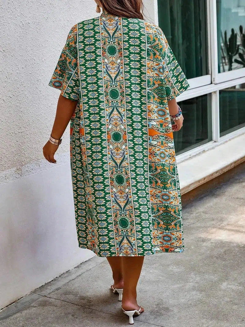 Cheky - Women's Plus Size Printed Two-piece Set, featuring a bohemian print open front kimono with short sleeves and shorts ensemble.