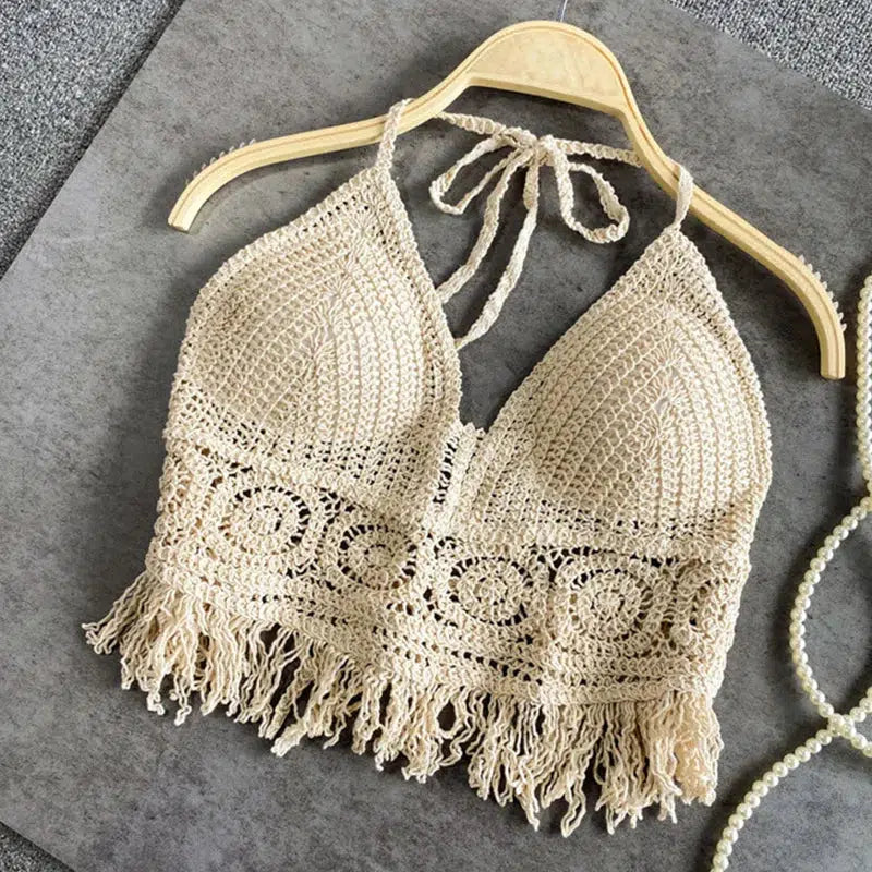 Cheky - Sexy Boho Beach Holiday Camisole Halter Women Crochet Knit Swimsuit Bra Backless Vest Hollow Tassel Tank Top Women's Crop Tops