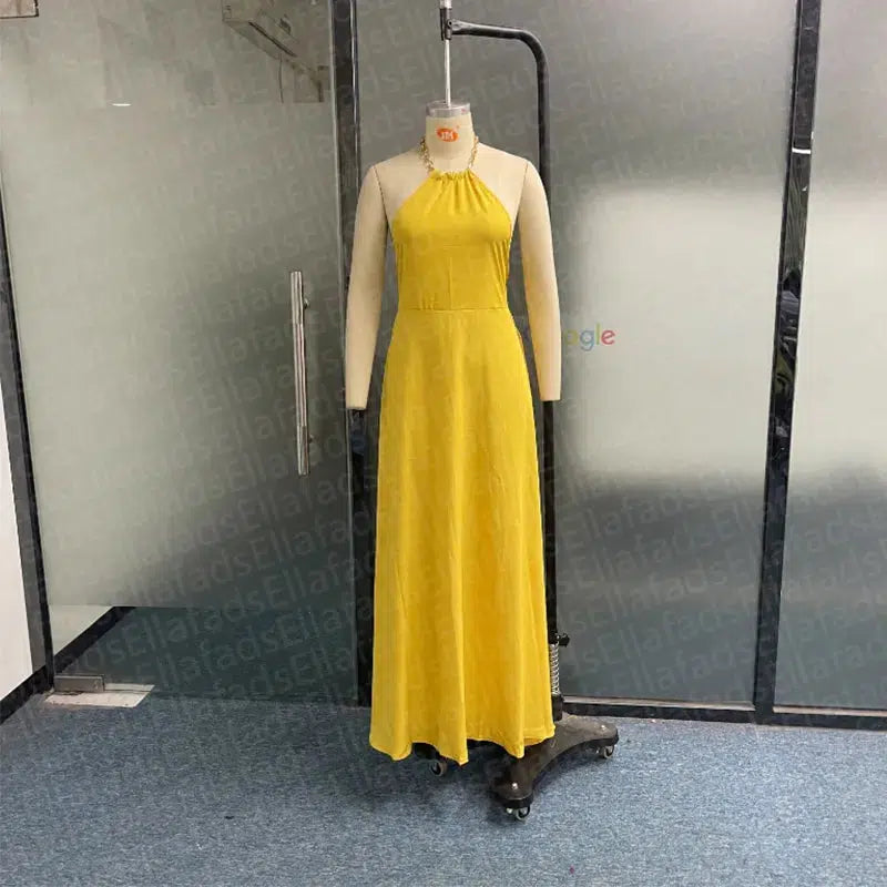 Cheky - Ellafads Women Maxi Dress Elegant Solid Yellow Sleeveless Chain Halter Neck Backless Evening Party Dresses High Streetwear