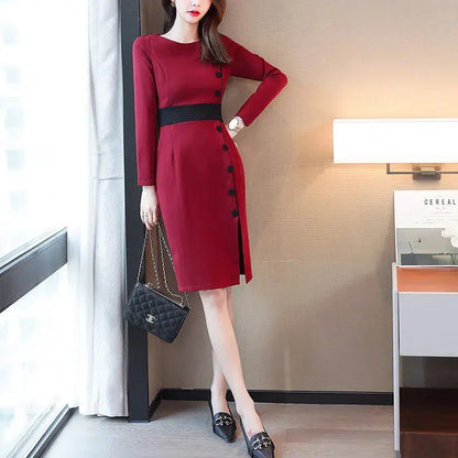 Cheky - Autumn Winter High Waist Buttons Bodycon Dress Women Elegant Fashion Evening Dresses Ladies Temperament Robe Vestido De Fiesta