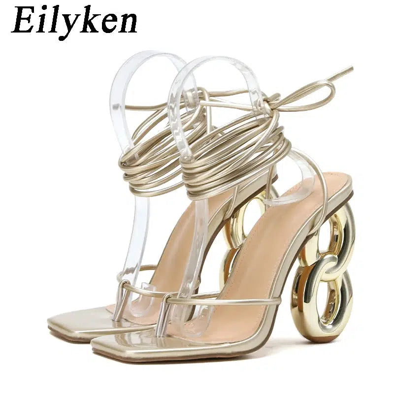 Cheky - Eilyken Sexy Ankle Cross Strap Sandals Women Summer Banquet Fashion Open Toe Club Stripper Design Fretwork Heels Ladies Shoes