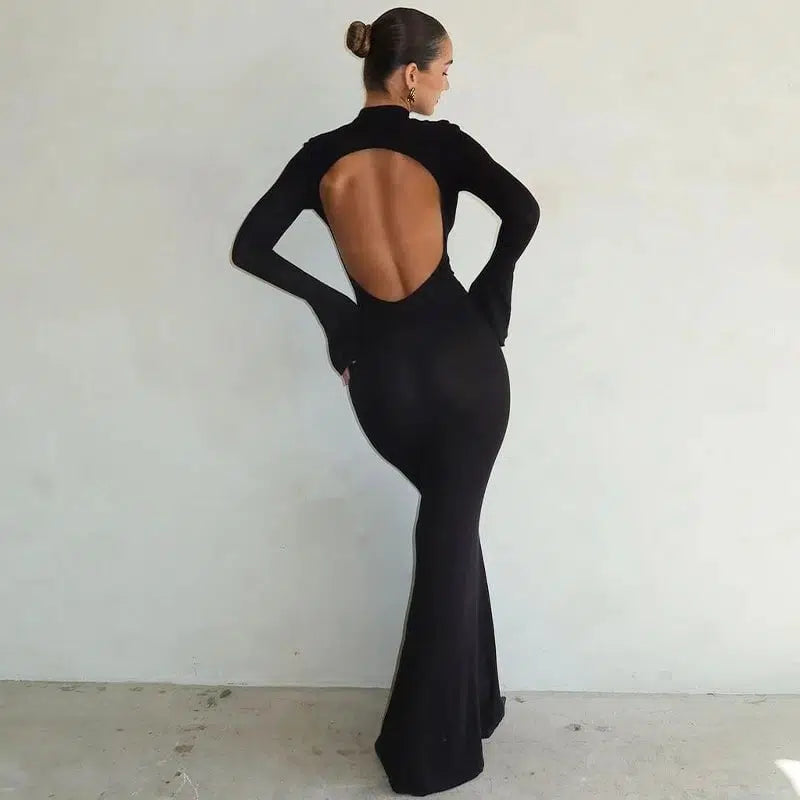 Cheky - Solid Backless Maxi Dress - Sexy Trumpet Sleeve Evening Wear