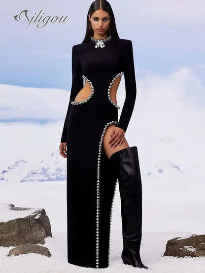 Cheky - Ailigou Fall Winter New Style Women's Sexy O Neck Cutout Black Beaded Long Bodyband Dress Elegant Celebrity Party Dress