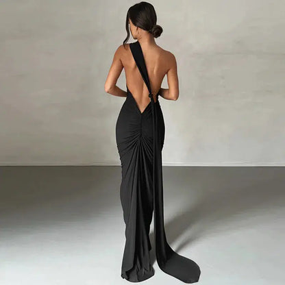 Cheky - Mozision Oblique Shoulder Backless Maxi Dress For Women Gown Summer Back Strap Sleeveless Ruched Party Sexy Long Dress Vestidos