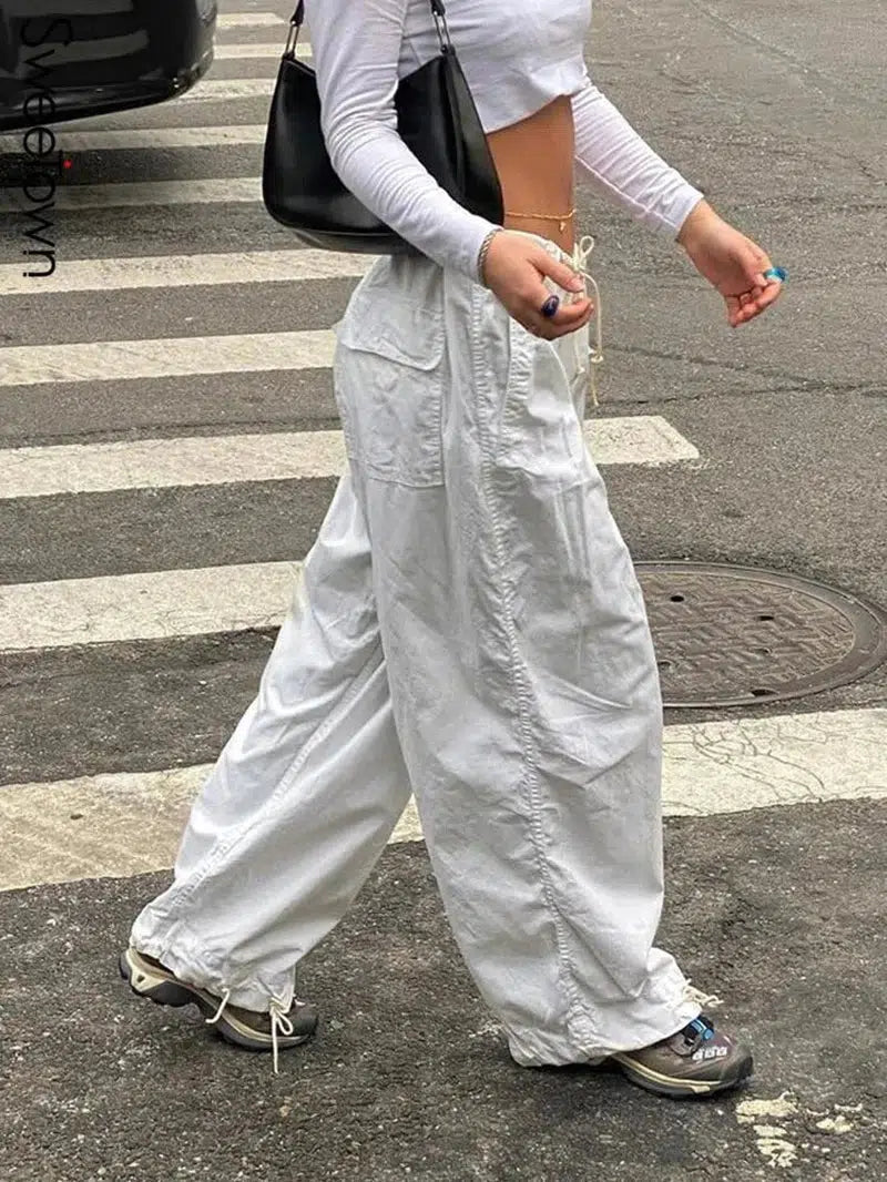 Cheky - Sweetown Casual Baggy Wide Leg Sweatpants White Loose Drawstring Low Waist Streetwear Cargo Pants Womens Hippie Joggers Trousers