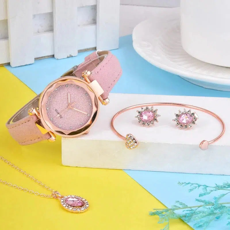 Cheky - 4PCS Set Luxury Women Watches Rhinestone Fashion Elegant Wristwatch Quartz Watch Ladies Clock For Girl Gift