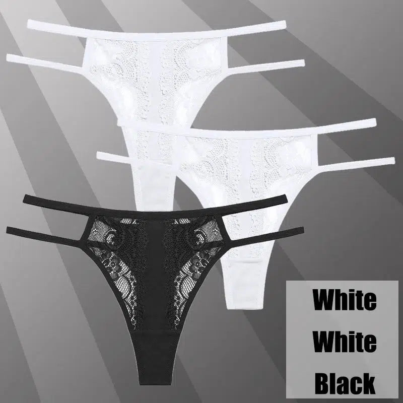 Cheky - 3Pcs/Set Sexy Lace Hollow Out Thongs Women Panties Low Waist Transparent G-String Underwear Female Breathable Intimates Lingerie