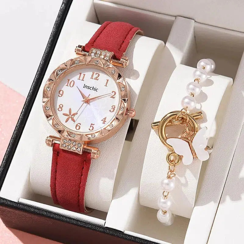 Cheky - Female New Luxury Ladies Watch Bracelet Set Quartz Wristwatch 2 PCS Set Women Watch Clock Gift Leather Strap Reloj Mujer