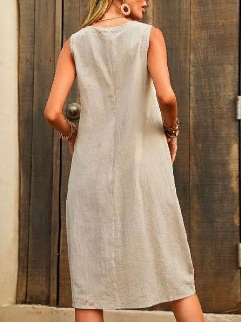 Cheky - Sleeveless U-neck Dress With Pockets Design Casual Solid Color Loose Dresses Summer Fashion Womens Clothing