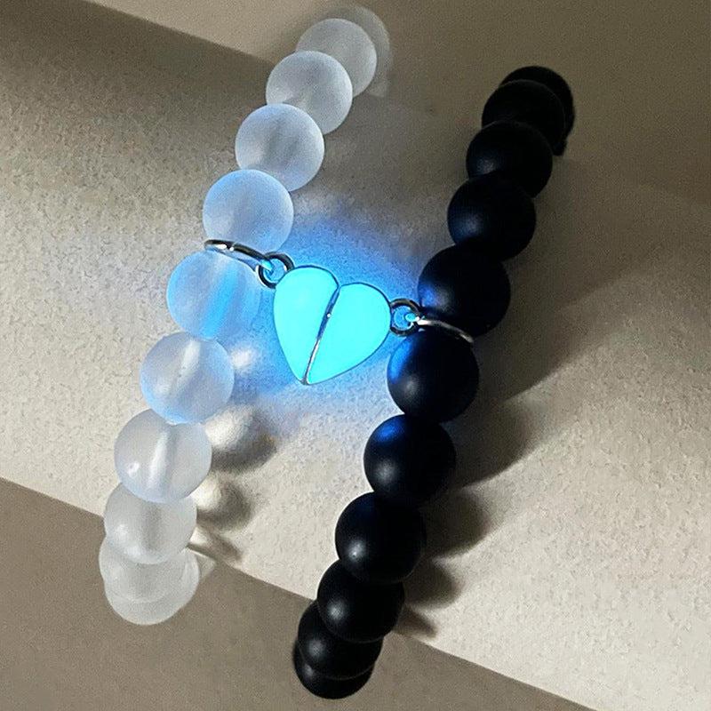 Cheky - Fashion Jewelry 2pcs Handmade Crown Beaded Charms Bracelet Luminou Heart Glow In The Dark Couple Bracelet For Lover Men Women Fluorescent Gift