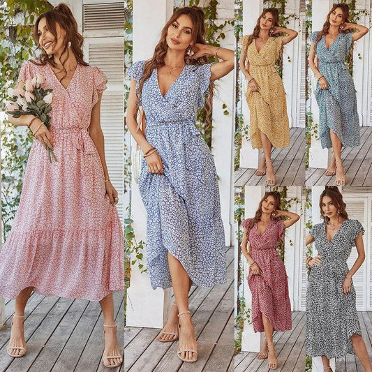 Cheky - Summer Dresses Ruffle Cap Sleeve V Neck Belt Wrap Split Boho Floral Long Casual Party Beach Dress