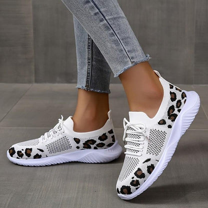 Cheky - White Shoes Women Leopard Print Lace-up Sneakers Sports