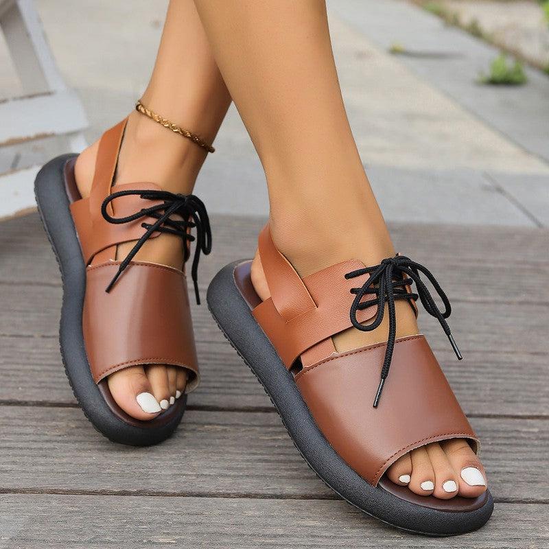 Cheky - Color-block Lace-up Roman Sandals For Women Summer New Fashion Flat Fish Mouth Beach Shoes