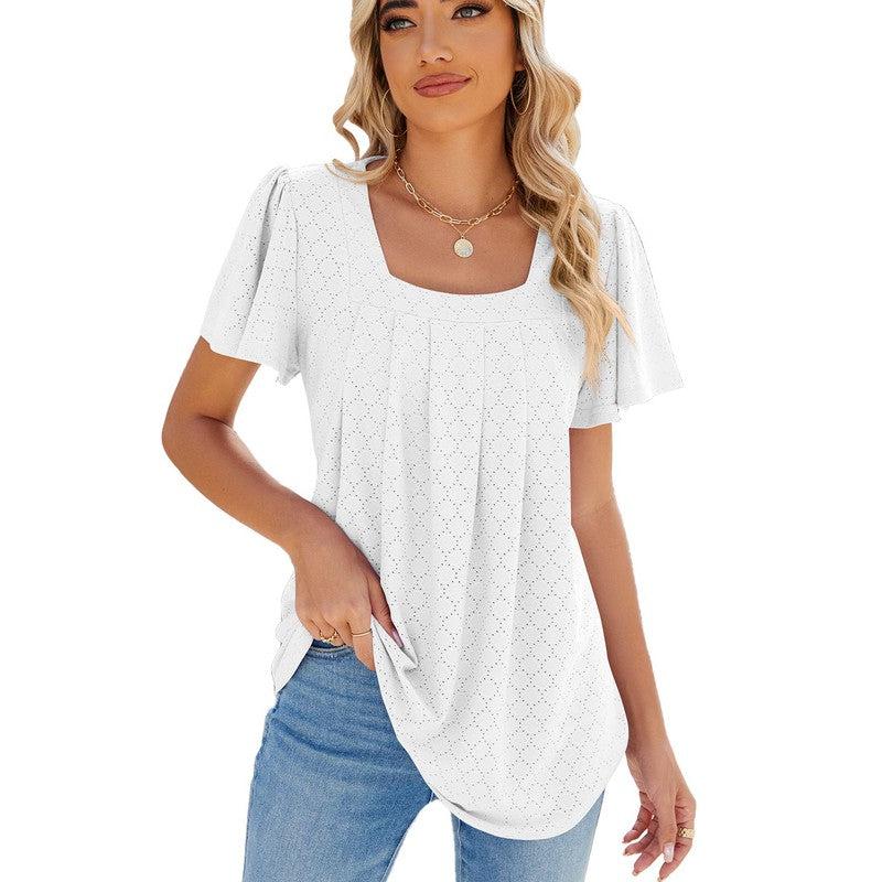 Cheky - Summer Square Neck Pleated Short-sleeved T-shirt Loose Solid Color Ruffled Hollow Design Top For Womens Clothing