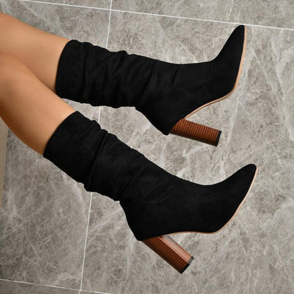 Cheky - Pointed Toe High Block Heels Boots Woman Winter Warm Mid-calf Suede Long Boots New Fashion Trendy Solid Shoes For Party Lady