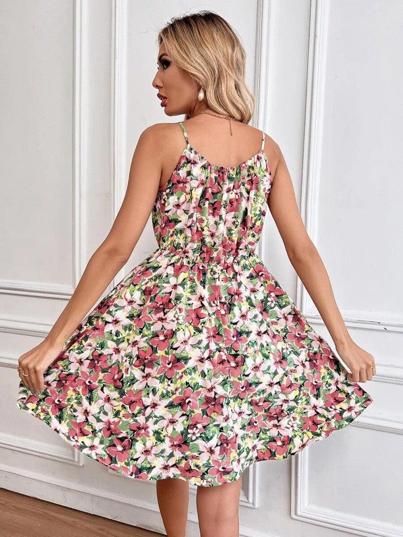 Cheky - Floral Print Suspender Dress With Elastic Waist Design Fashion Summer Short Dresses Womens Clothing