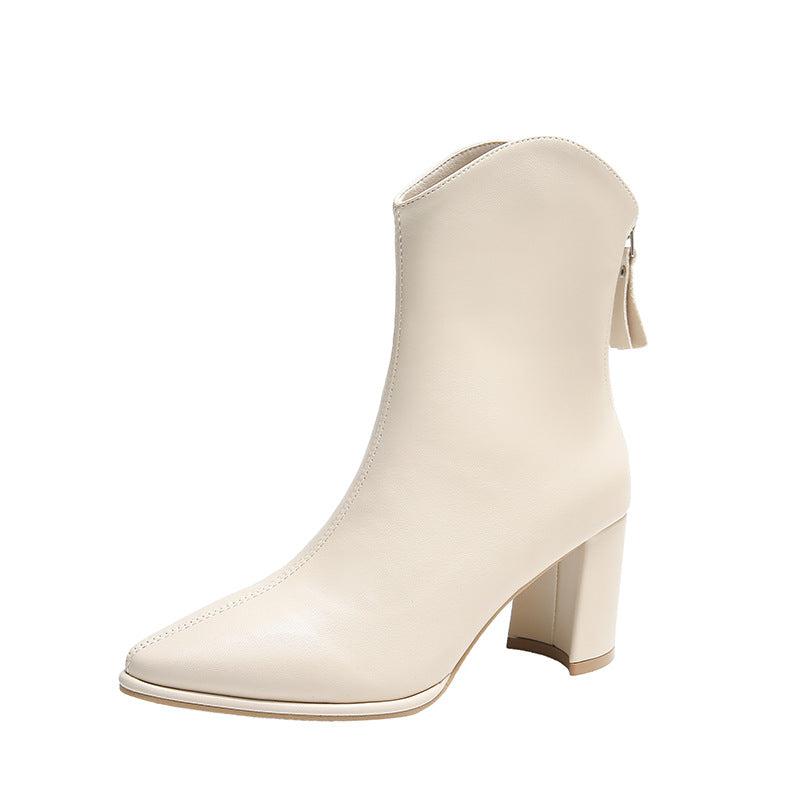 Cheky - Genuine Leather Pointed Toe High Heel Boots Female White Chunky Heels