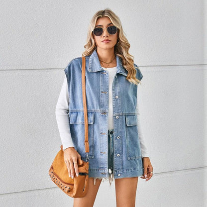 Cheky - Denim Vest With Big Pockets Fashion Sleeveless Outwear Vest For Womens Clothing