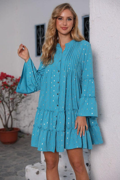 Cheky - New Printed Bronzing Pleated Flared Long Sleeve Dress Summer Button Design Loose Dresses Fashion Womens Clothing