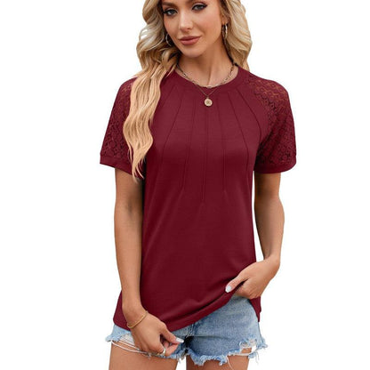 Cheky - Solid Color Round Neck Top Women's Lace Hollow Design Short Sleeve T-Shirt Summer Womens Clothing