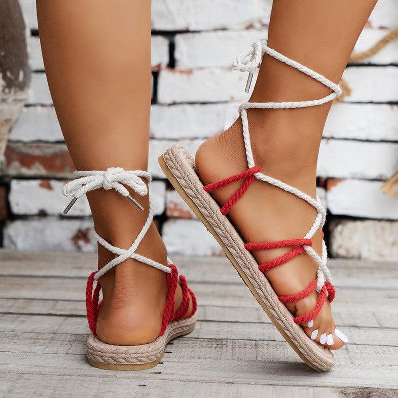 Cheky - Color-block Cross-strap Hemp Rope Sandals Summer Round Toe Flat Bottom Roman Shoes For Women Beach Shoes