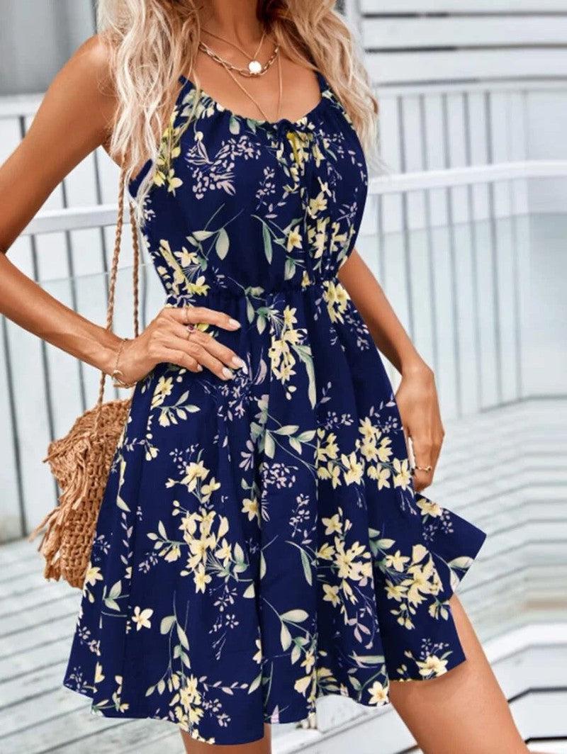 Cheky - Floral Print Suspender Dress With Elastic Waist Design Fashion Summer Short Dresses Womens Clothing