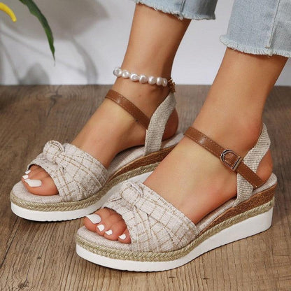 Cheky - New Thick-soled Bow Sandals Summer Fashion Casual Linen Buckle Wedges Shoes For Women