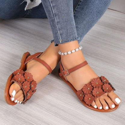 Cheky - Retro Flowers Sandals Summer Casual Versatile Round Toe Buckle Flat Beach Shoes For Women New Roman Shoes