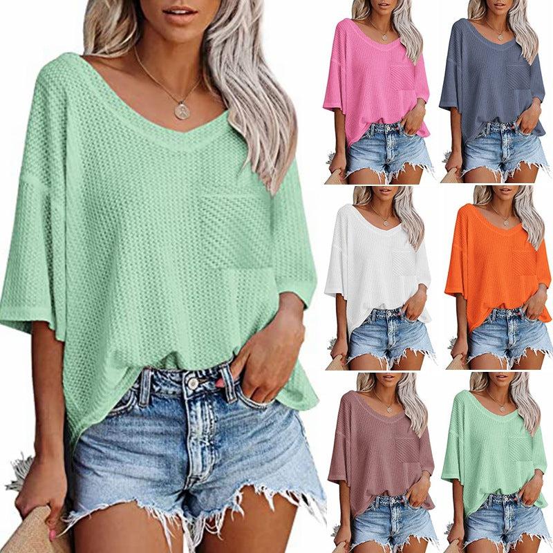 Cheky - V-neck Shirts Women Summer Short Sleeve Green Tops With Patched Pocket