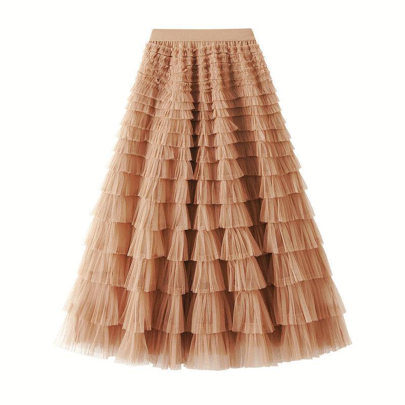 Cheky - A-Line Mesh Ruffle Skirt Women's Temperament Sweet Long Skirt Slim Cupcake Dress Womens Clothing