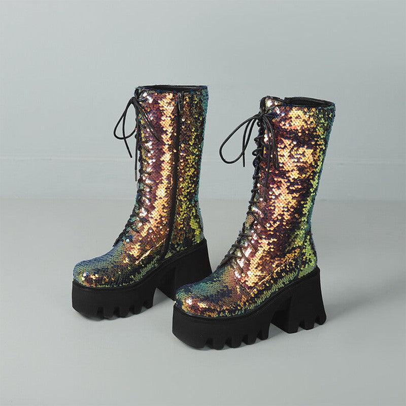 Cheky - Sequins Mid-calf Martin Boots Round Head Front