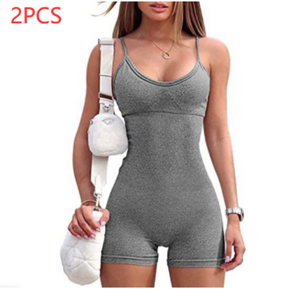 Cheky - Spaghetti Strap Shorts Jumpsuit Sports Yoga Workout Tight Romper Women Fashion Fitness Sportwear