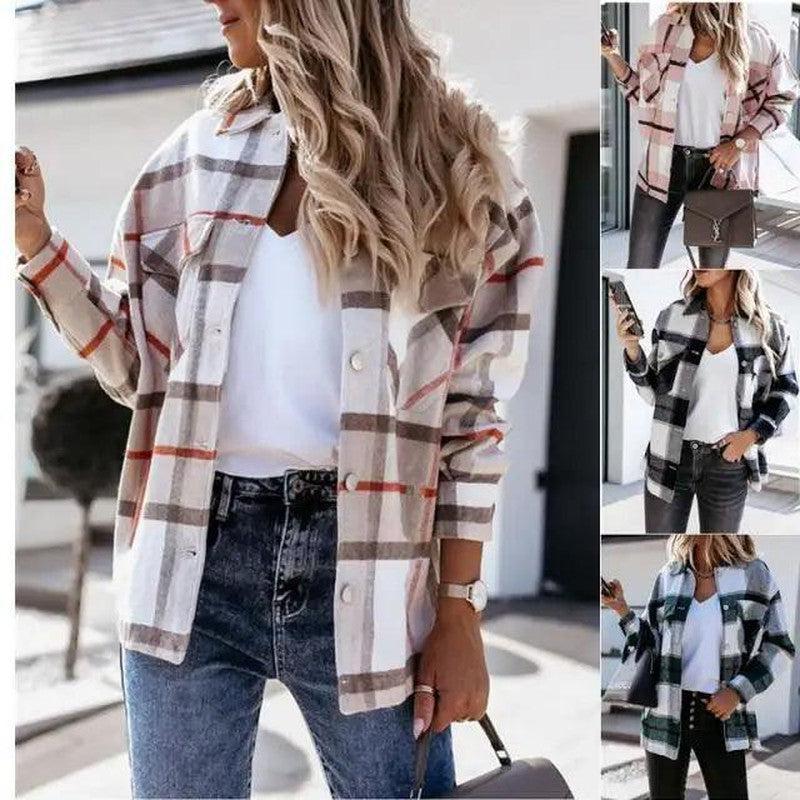 Cheky - Autumn And Winter Long-Sleeved Plaid Shirt Jacket Women