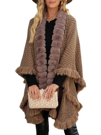 Cheky - Autumn And Winter New Luxury Wool Collar Tassel Shawl Sweater Cloak