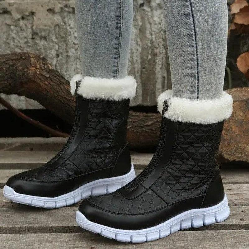 Cheky - Black Boots For Women Shoes Winter Push Warm Combat Boots With Front Zipper