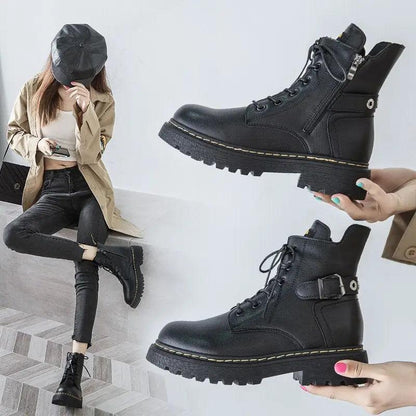 Cheky - British style Martin boots women thick-soled Harajuku black short boots