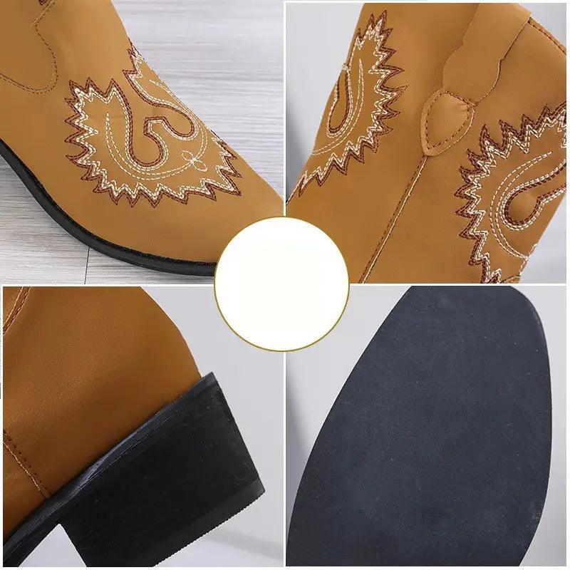 Cheky - Embroidery Western Boots Chunky Mid Heel Cowboy Boots Women Shoes