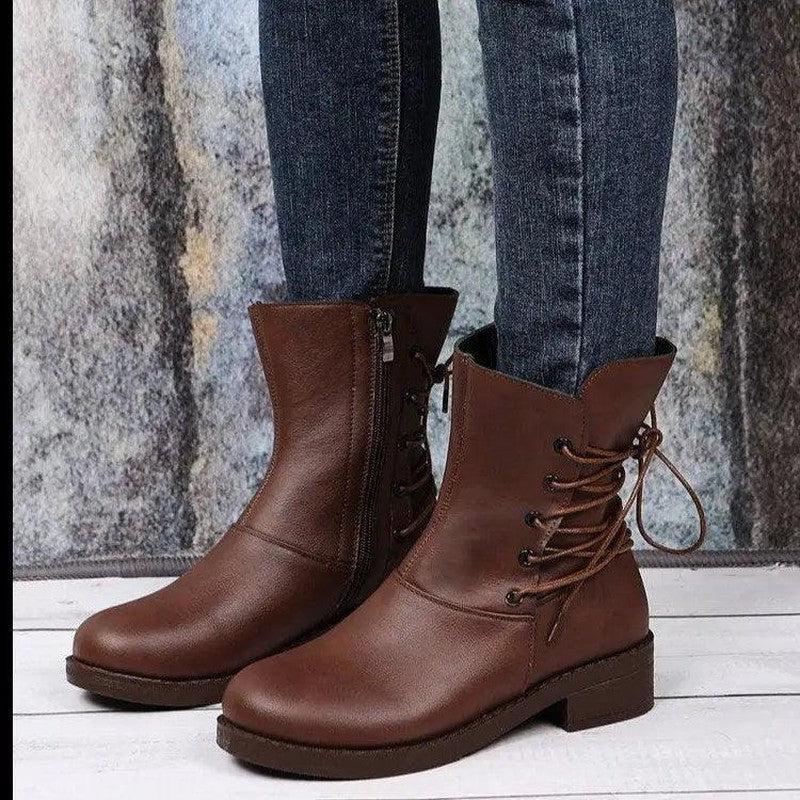 Cheky - Fashion New Round Head Belt Buckle Thick Heel Martin Boots Women