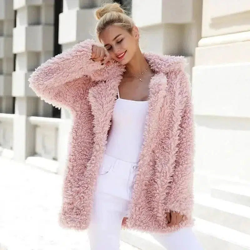 Cheky - Fashion Women Loose Collar Fur Jacket Winetr Fur Coats