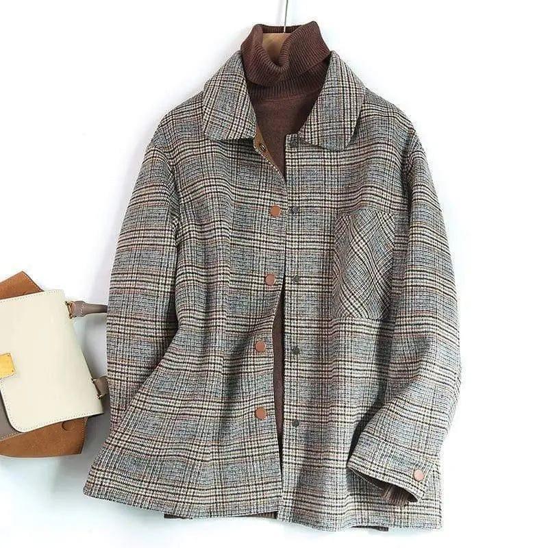 Cheky - Handmade Plaid Woolen Coat Ladies Loose Casual