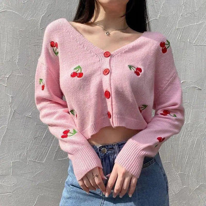 Cheky - Knit Sweater Women Cherry Embroidery All-match V-neck