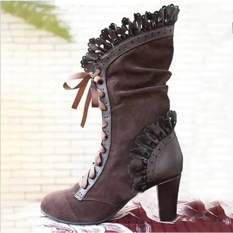 Cheky - Lace-Up Combat Boot Women Ruffle Design Ethnic Shoes