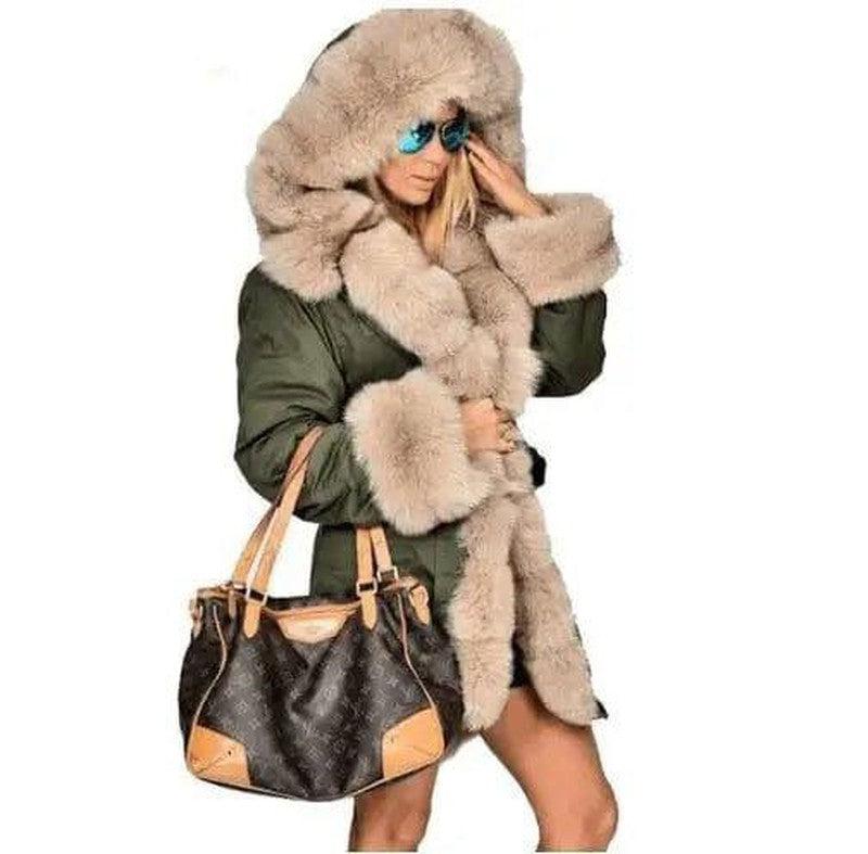 Cheky - Large fur collar warm coat long hooded coat cotton coat