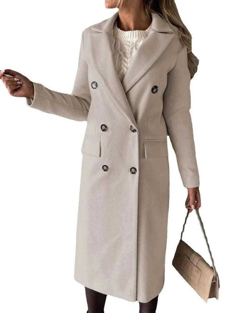 Cheky - Long Sleeve Lapel Solid Double Breasted Slim Coat Coat