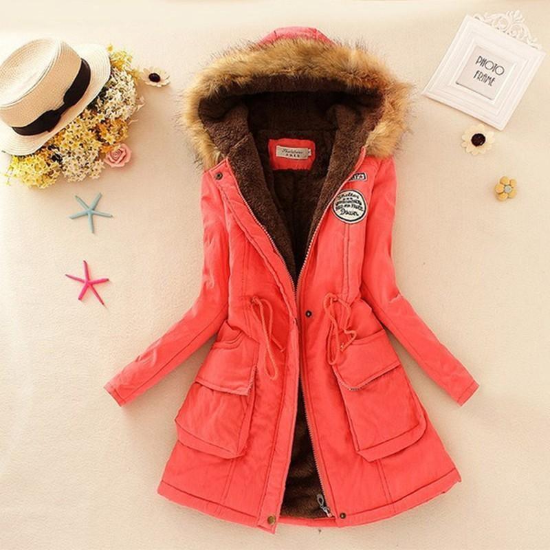 Cheky - Long Women's Cotton-Padded Jacket With Wool Collar