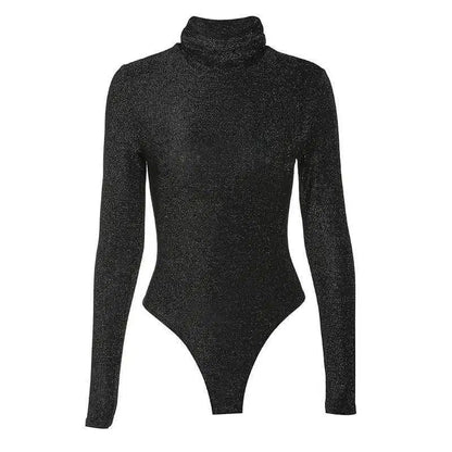 Cheky - Black Gold Silk Sexy Half Turtleneck Bodysuit