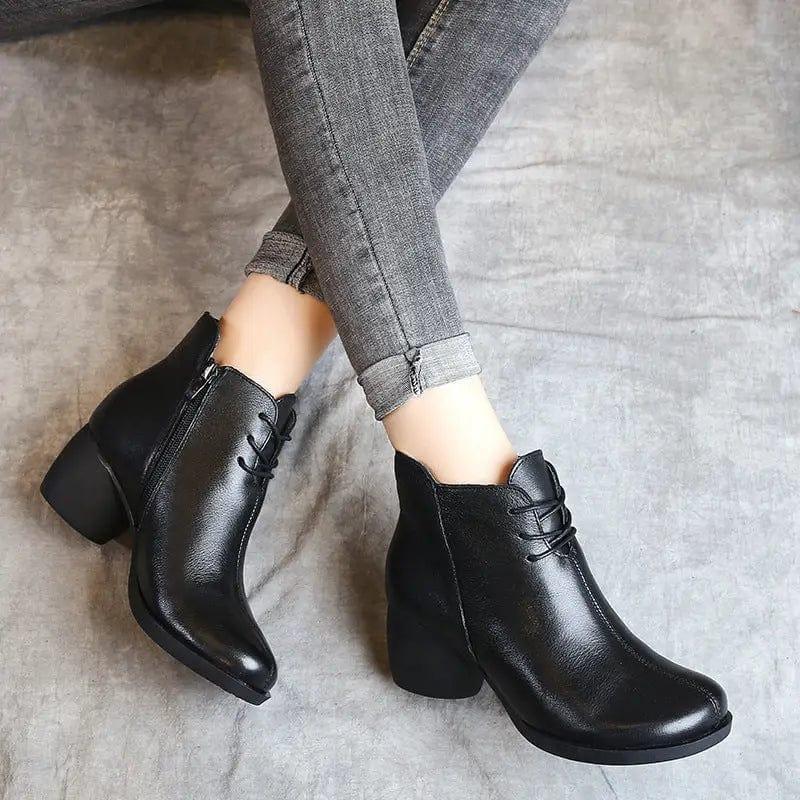 Cheky - New Retro Leather Comfortable Thick Heel Women Boots High Heel Martin Boots Leather Boots Short Boots Women