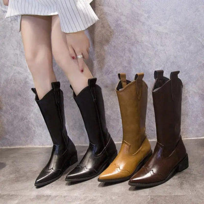 Cheky - Retro Pointed Toe Thick Heel High Boots Women